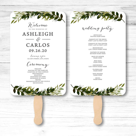 Botanical greenery wedding program fan with vine illustration, wooden handle, and double-sided layout for ceremony details and wedding party info