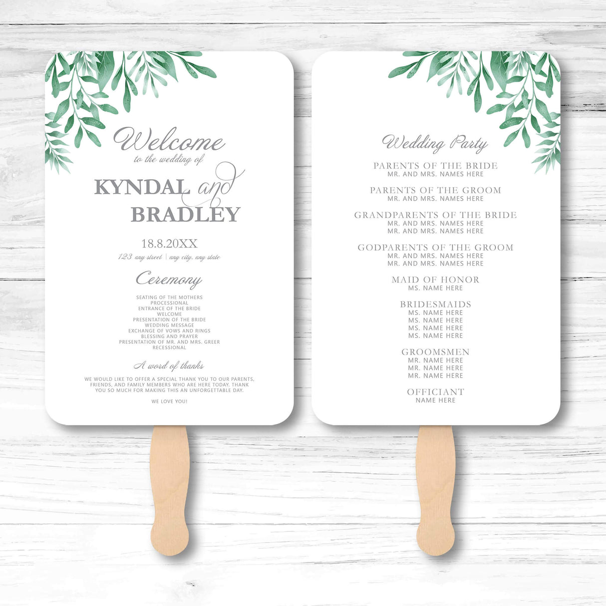 Botanical greenery wedding program fan with vine illustration, wooden handle, and double-sided layout for ceremony details and wedding party info