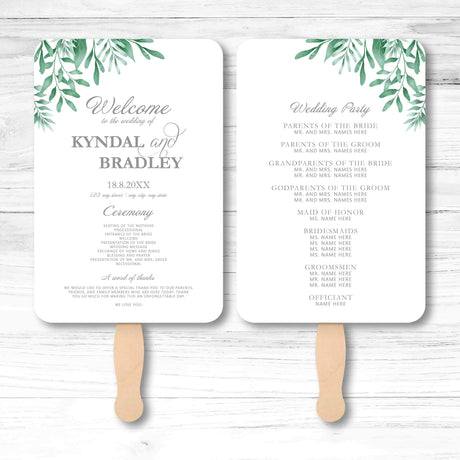 Botanical greenery wedding program fan with vine illustration, wooden handle, and double-sided layout for ceremony details and wedding party info