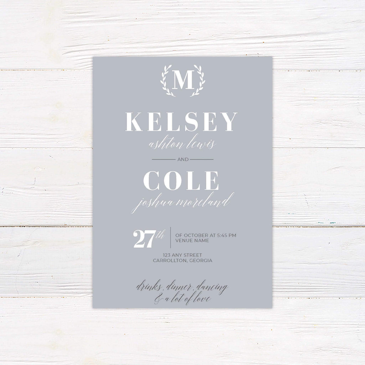 Grey minimalist wedding invitation with elegant serif and script fonts, customizable layout for wedding date, time, venue, and event details