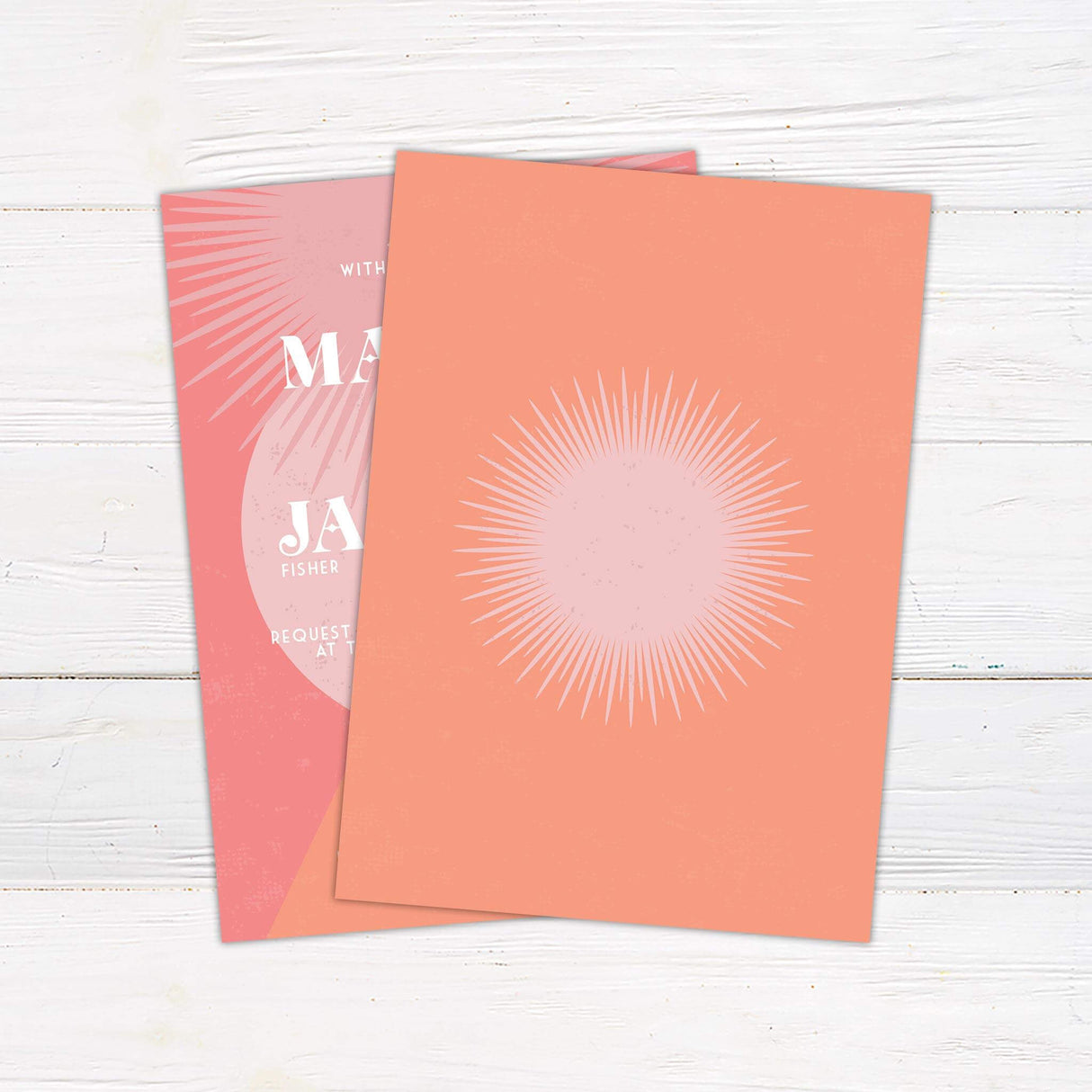 Retro geometric wedding invitation in pink and coral with bold serif fonts, sunburst design, and customizable event details - back