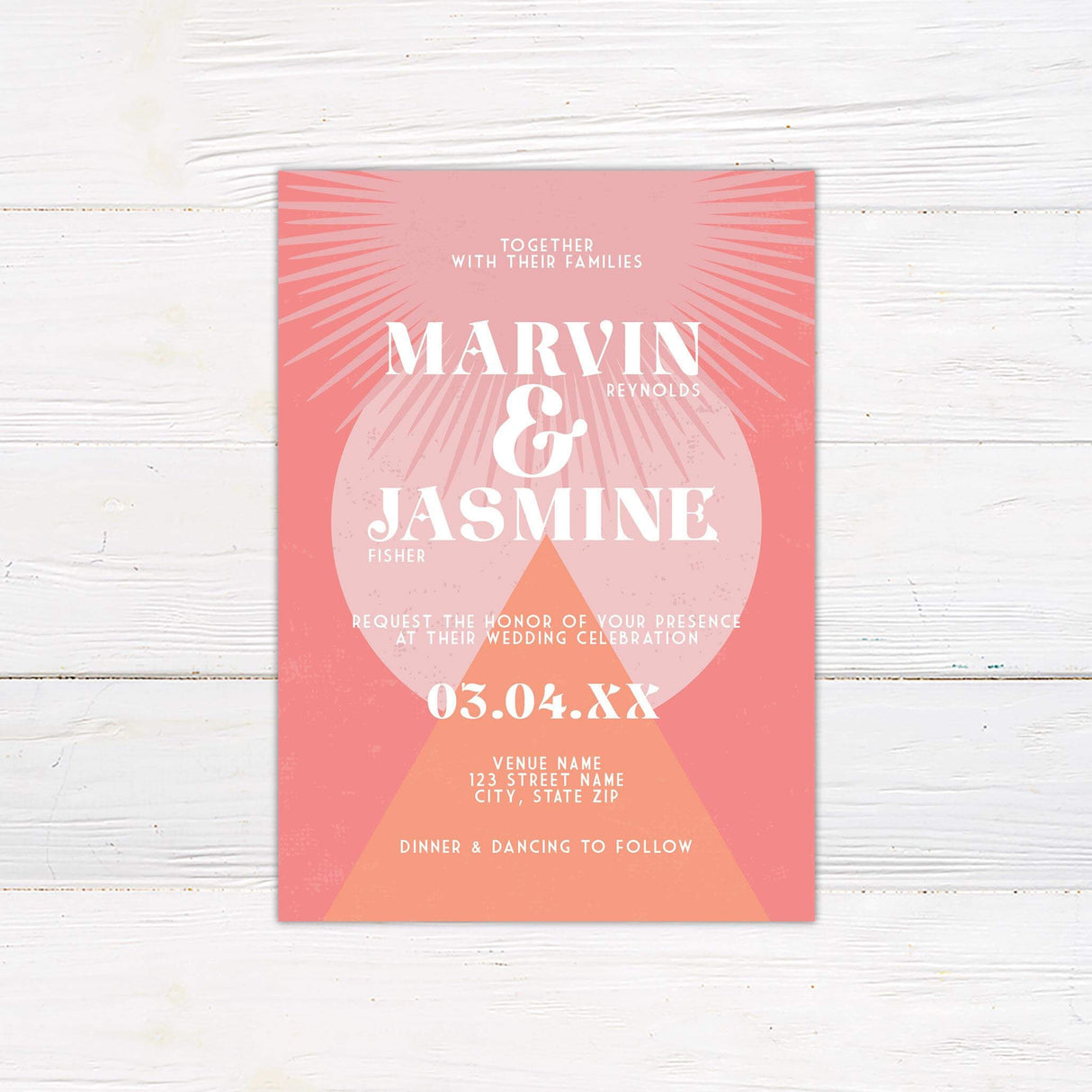 Retro geometric wedding invitation in pink and coral with bold serif fonts, sunburst design, and customizable event details