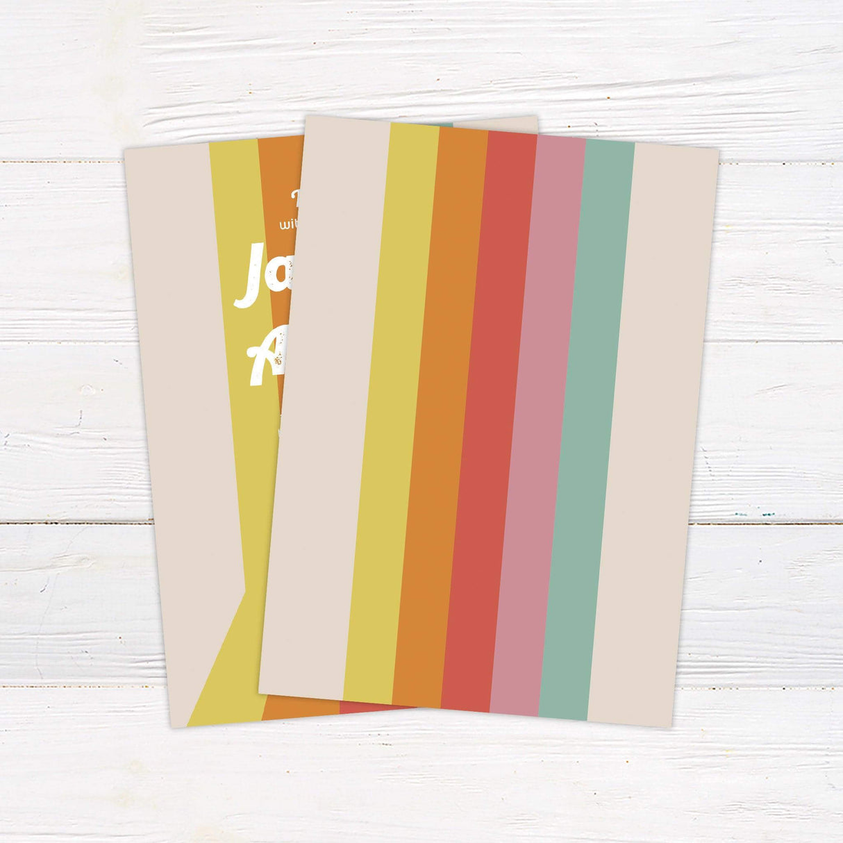 Retro wedding invitation with vertical rainbow stripes, distressed white typography, and customizable text for names, date, and venue details - back