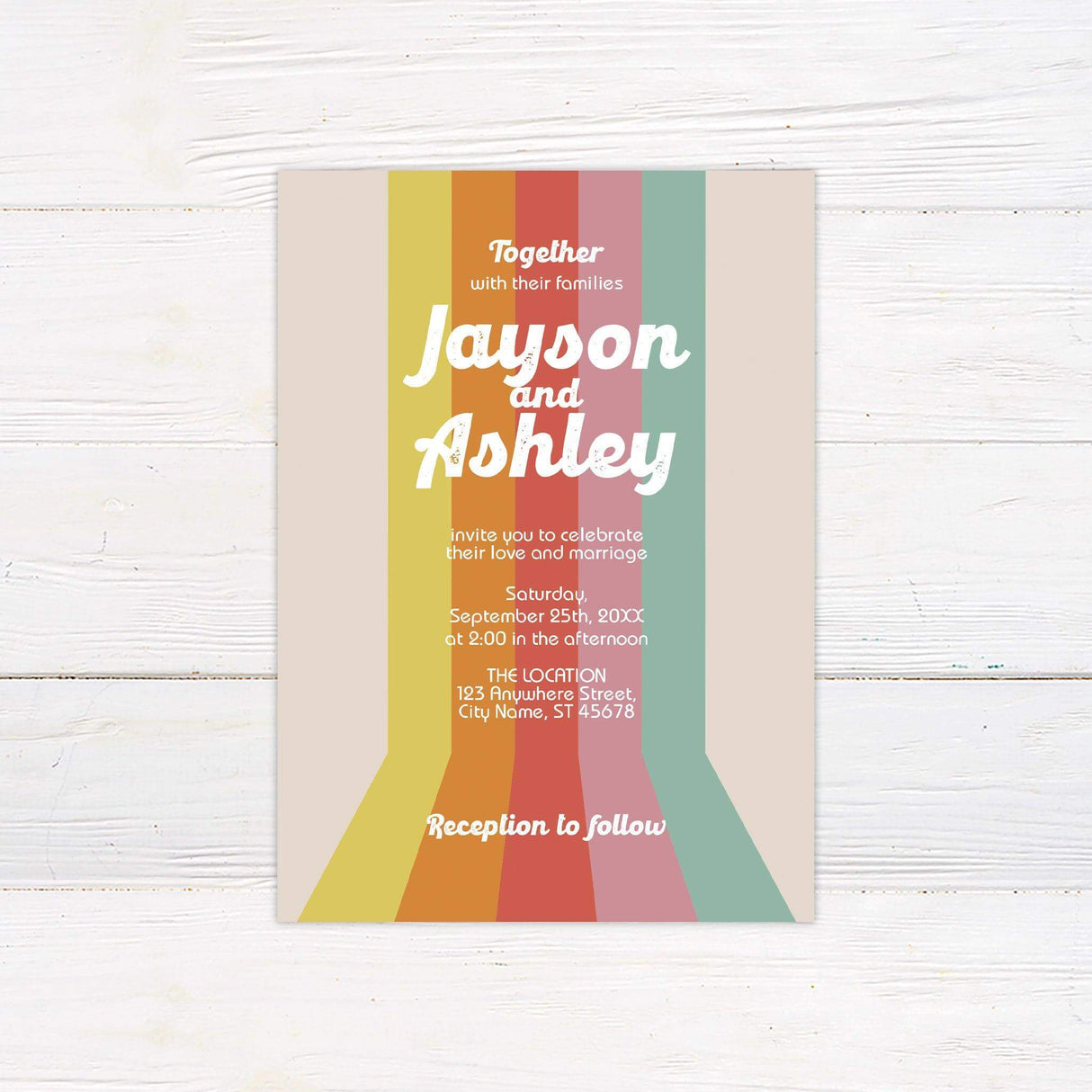 Retro wedding invitation with vertical rainbow stripes, distressed white typography, and customizable text for names, date, and venue details