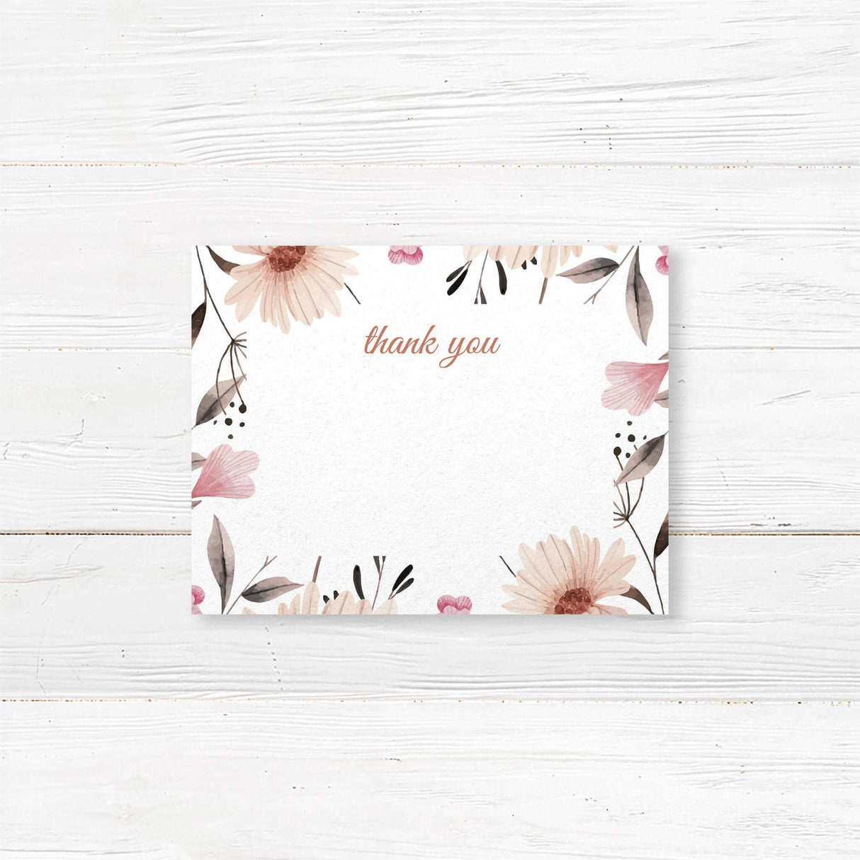 Bridal shower thank-you card featuring hand-drawn beige and blush wildflowers, printed on premium cardstock for an elegant, minimalist look.