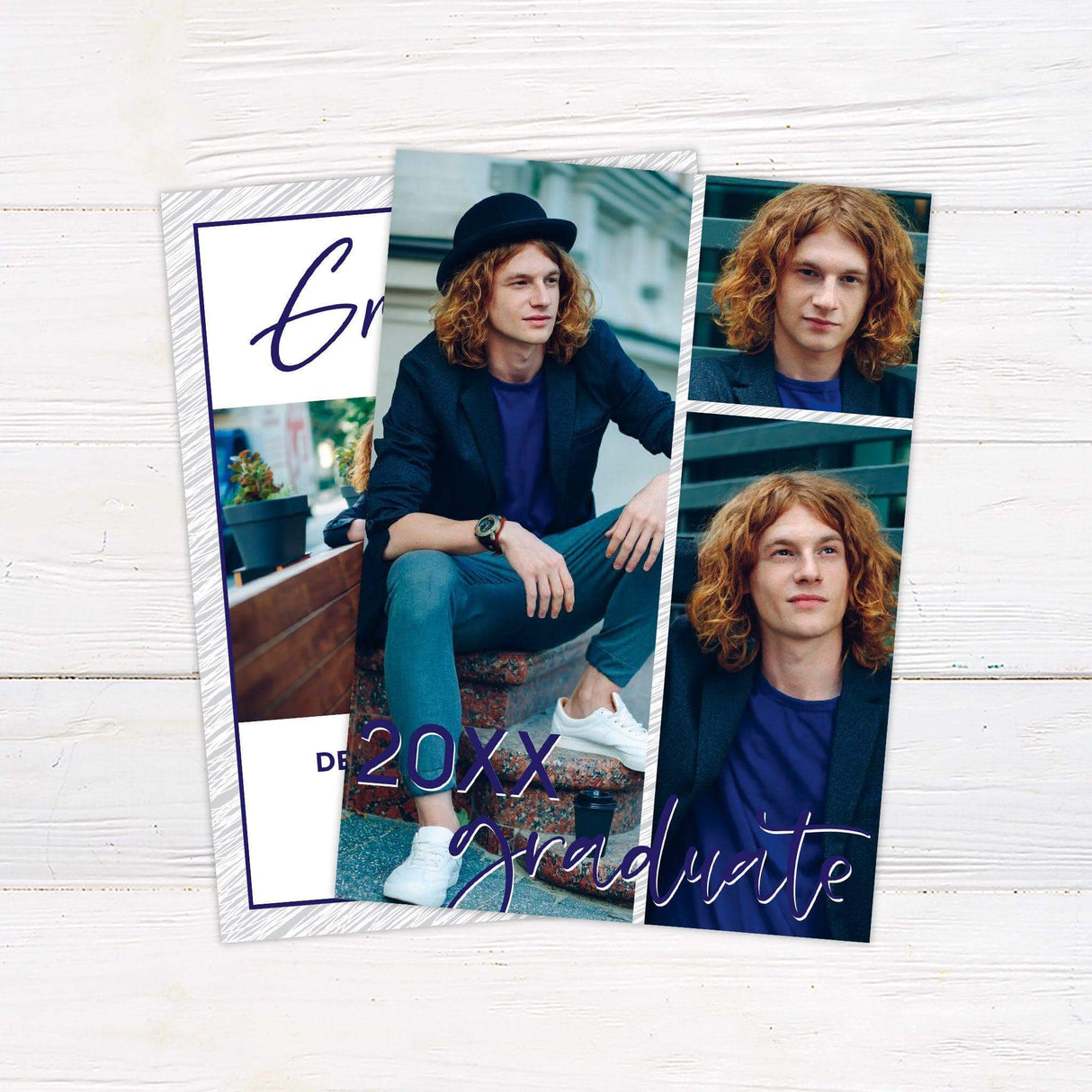 Custom printed graduation invitation featuring an elegant handwritten script with a personalized graduate photo, modern typography, and a clean, sophisticated design. This premium announcement card is customized with the graduate’s name, class year, school, and event details, printed on high-quality cardstock, perfect for high school or college graduation celebrations. blue back