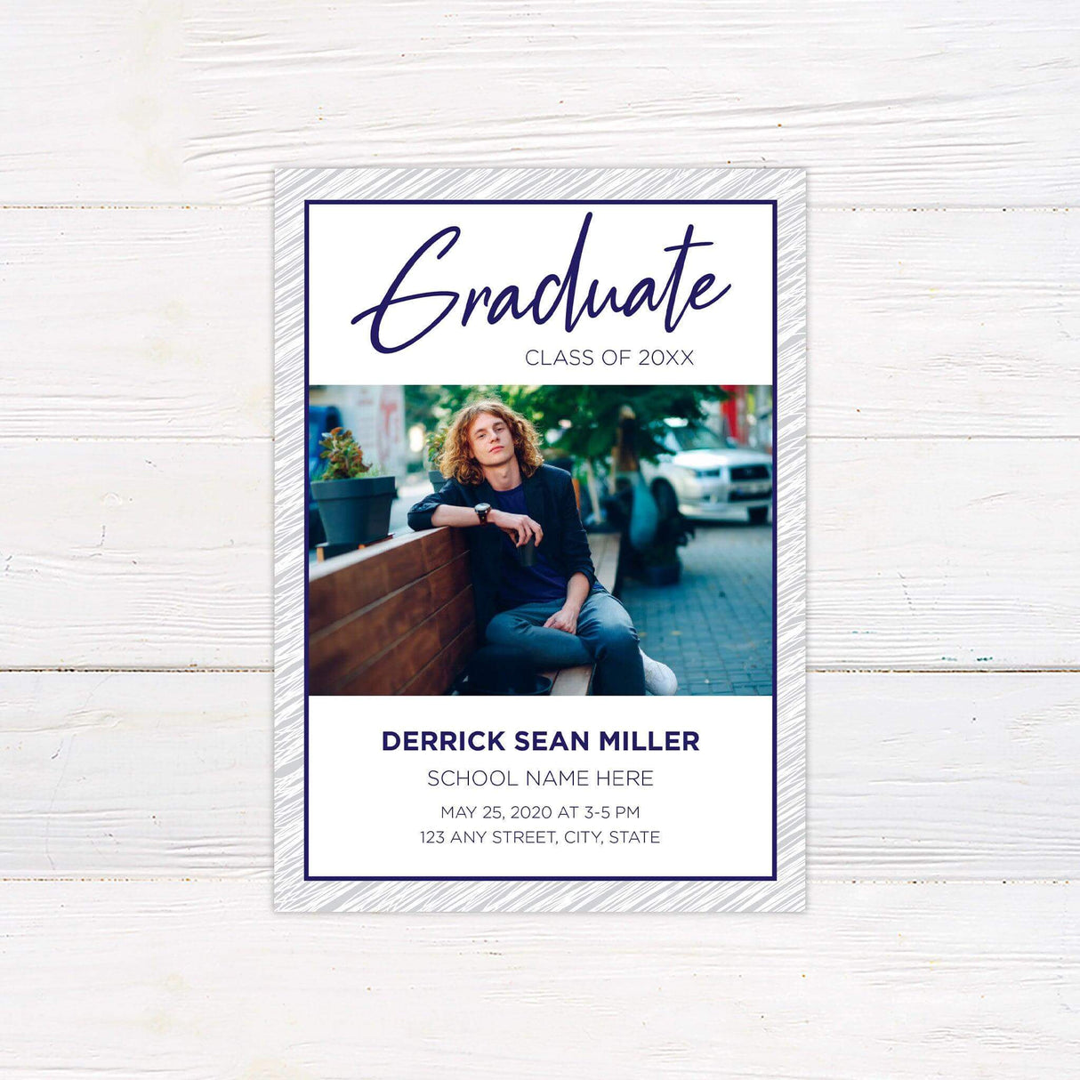 Custom printed graduation invitation featuring an elegant handwritten script with a personalized graduate photo, modern typography, and a clean, sophisticated design. This premium announcement card is customized with the graduate’s name, class year, school, and event details, printed on high-quality cardstock, perfect for high school or college graduation celebrations. blue