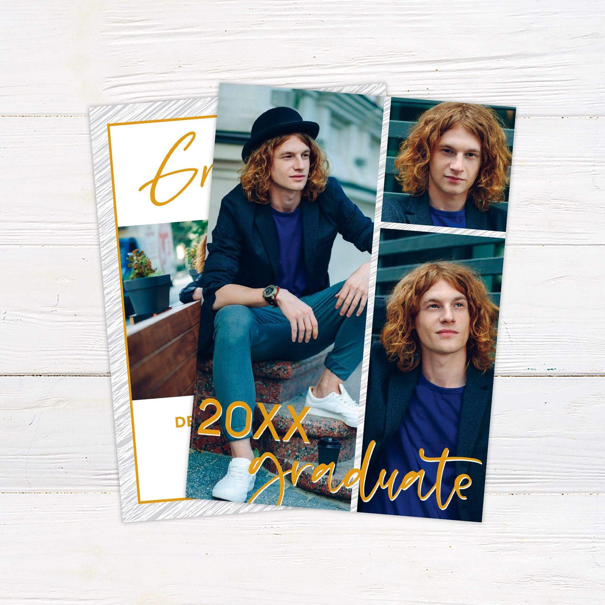 Custom printed graduation invitation featuring an elegant handwritten script with a personalized graduate photo, modern typography, and a clean, sophisticated design. This premium announcement card is customized with the graduate’s name, class year, school, and event details, printed on high-quality cardstock, perfect for high school or college graduation celebrations. gold back