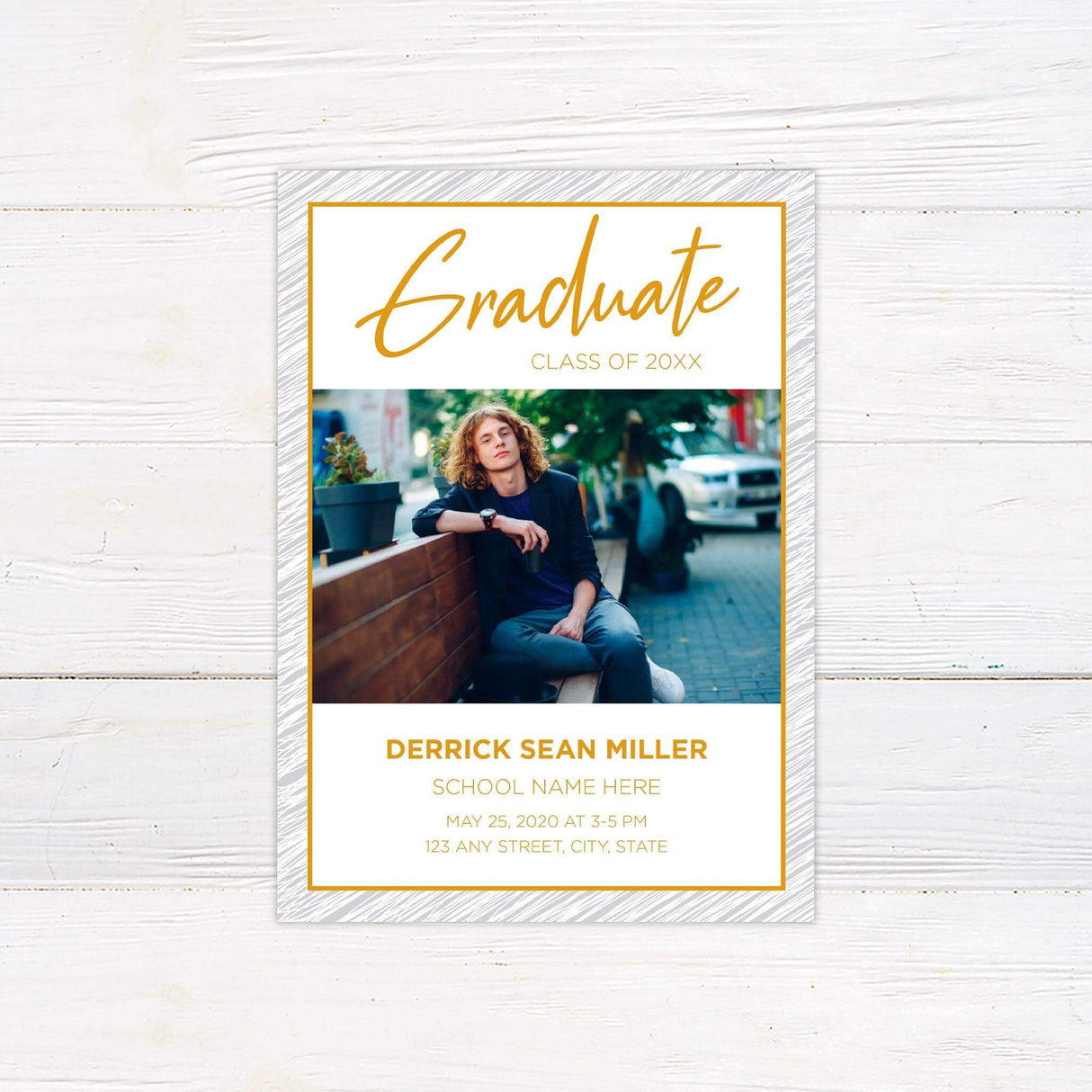 Custom printed graduation invitation featuring an elegant handwritten script with a personalized graduate photo, modern typography, and a clean, sophisticated design. This premium announcement card is customized with the graduate’s name, class year, school, and event details, printed on high-quality cardstock, perfect for high school or college graduation celebrations. gold
