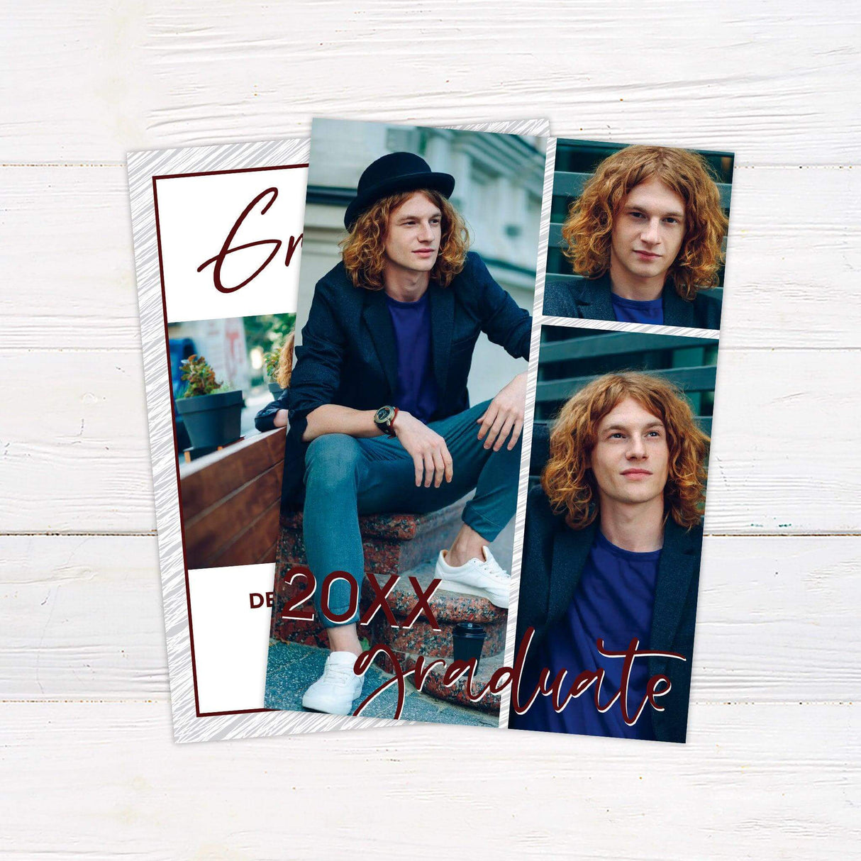 Custom printed graduation invitation featuring an elegant handwritten script with a personalized graduate photo, modern typography, and a clean, sophisticated design. This premium announcement card is customized with the graduate’s name, class year, school, and event details, printed on high-quality cardstock, perfect for high school or college graduation celebrations. burgundy back