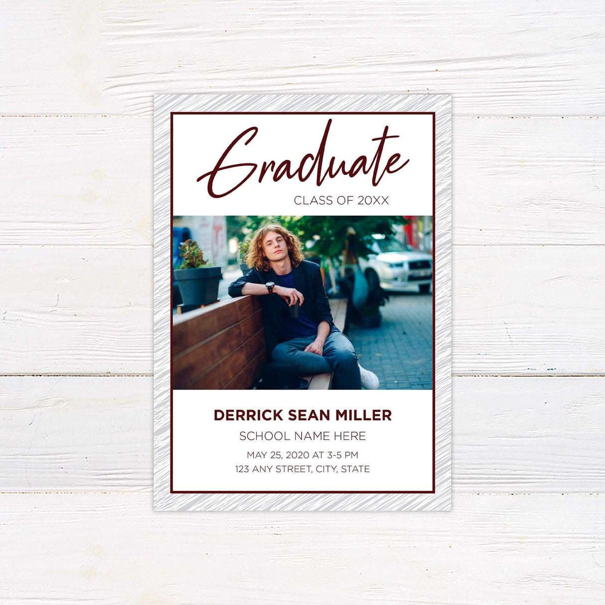 Custom printed graduation invitation featuring an elegant handwritten script with a personalized graduate photo, modern typography, and a clean, sophisticated design. This premium announcement card is customized with the graduate’s name, class year, school, and event details, printed on high-quality cardstock, perfect for high school or college graduation celebrations. burgundy