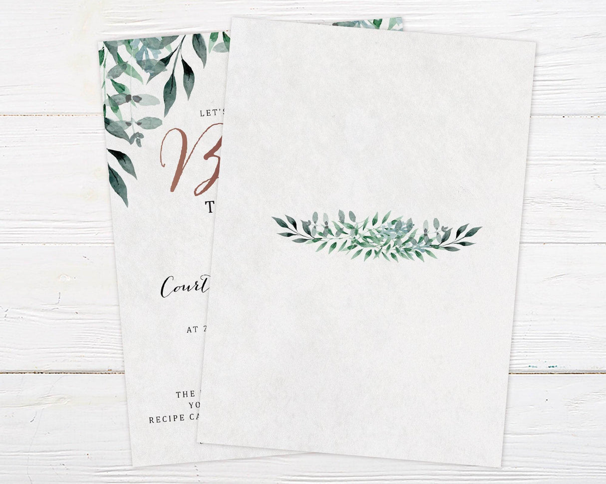 A hanging leaves bridal shower invitation with green leafy branches around the edges. The design uses soft neutral colors and elegant script text. - back.