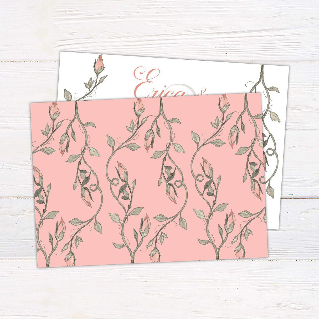 Wedding invitation with romantic rose vine illustrations, blush script fonts, and “Happily Ever After” message in elegant calligraphy - back