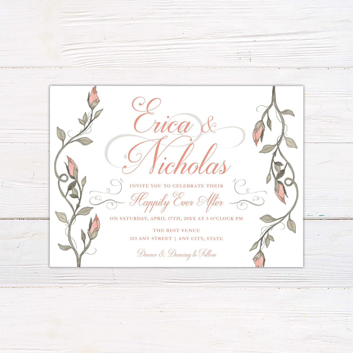 Wedding invitation with romantic rose vine illustrations, blush script fonts, and “Happily Ever After” message in elegant calligraphy