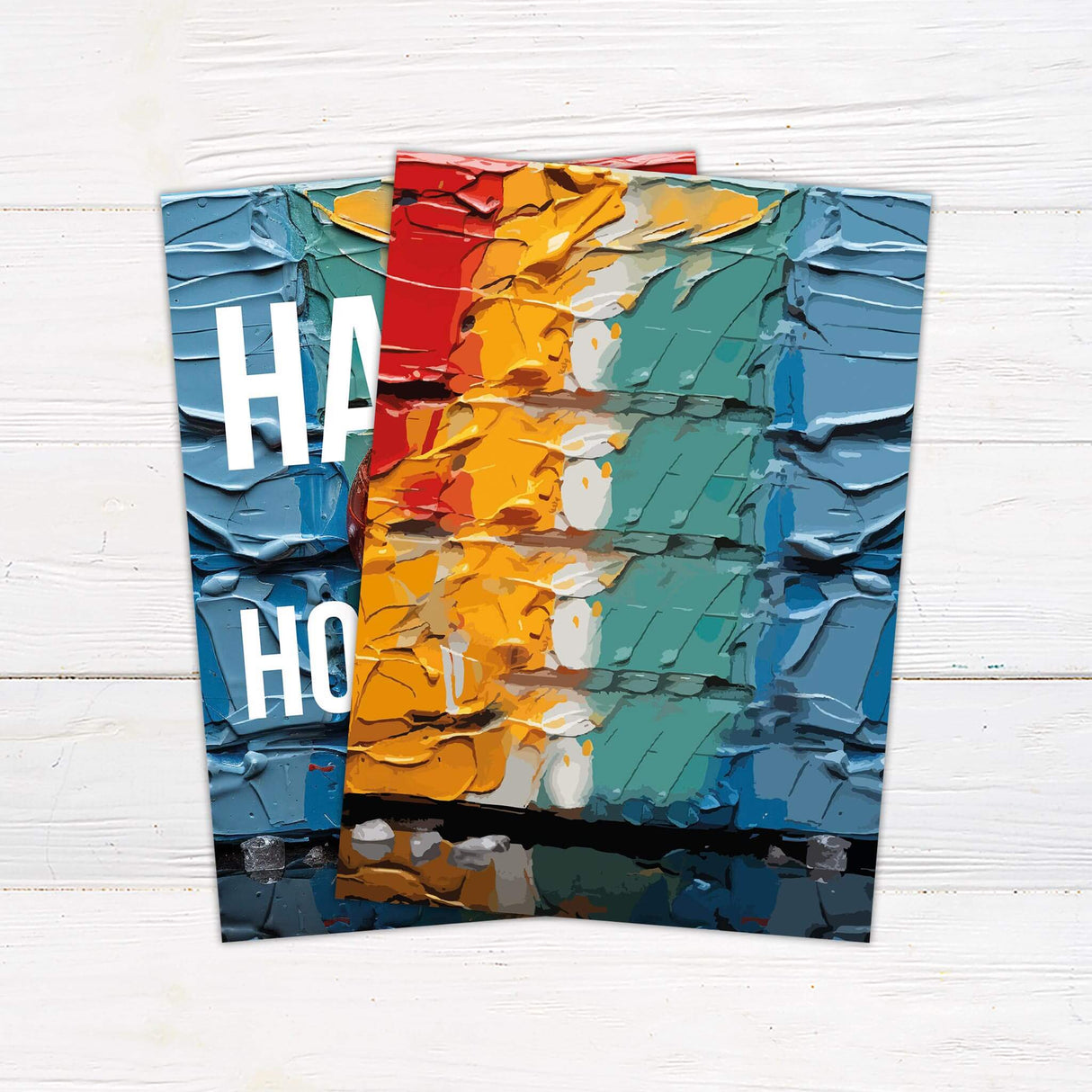 Happy Holidays card with abstract colorful paint background, red ornament, and personalized family name text. - back.