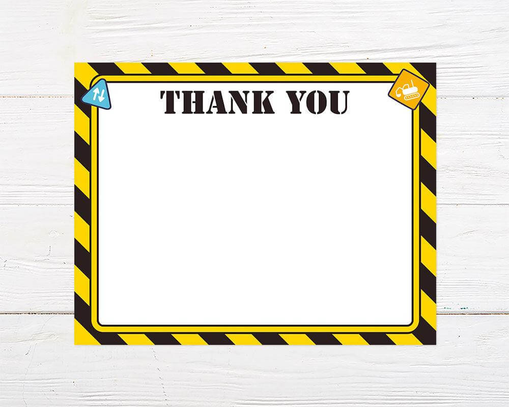 A construction-themed thank you card with a black and yellow striped border and bold stencil-style text reading "THANK YOU" at the top. The corners feature illustrated caution signs, including a traffic direction symbol and an excavator icon.