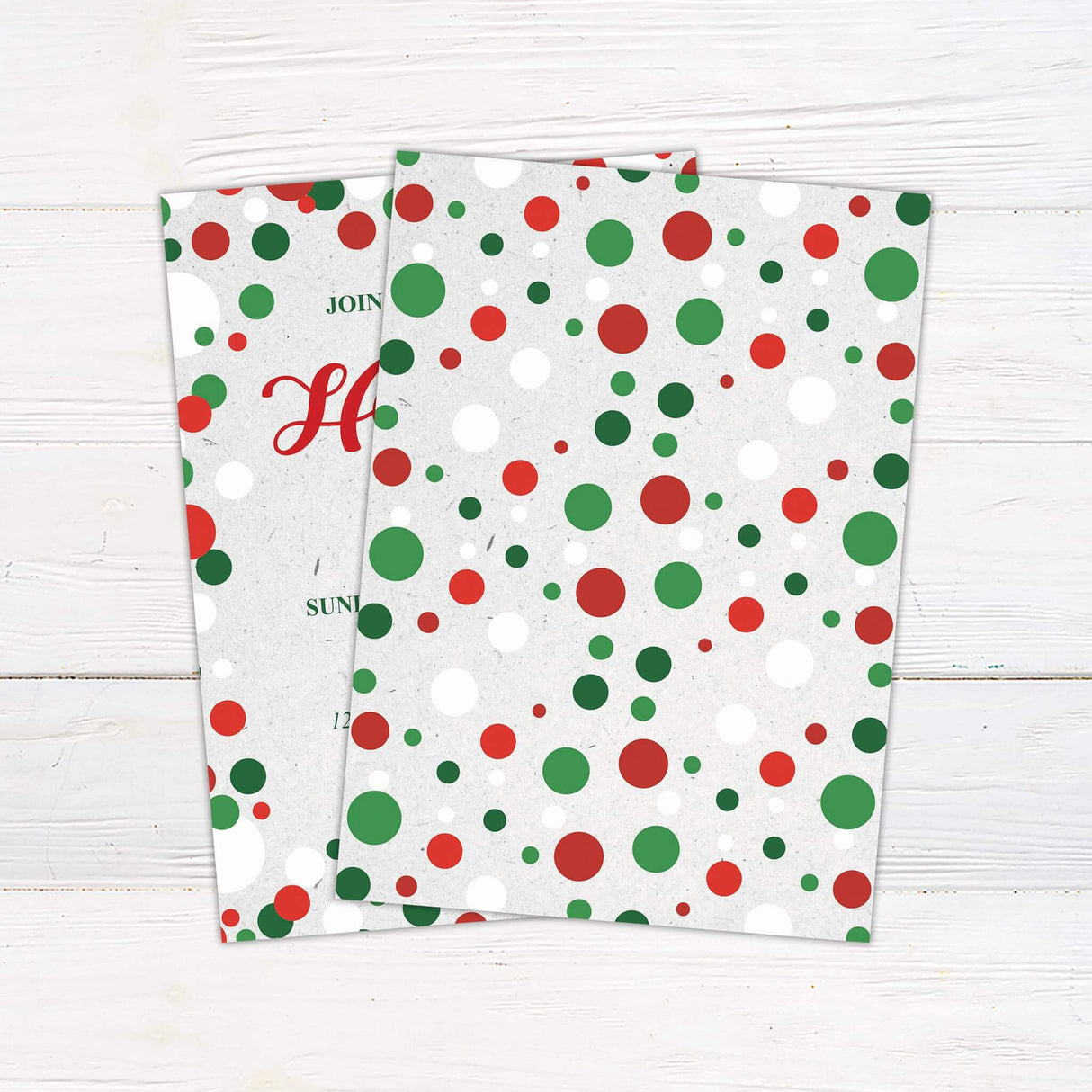 A festive holiday party invitation with red, green, and white confetti dots around the border. The text provides the event date, time, location, and RSVP details. - back side.