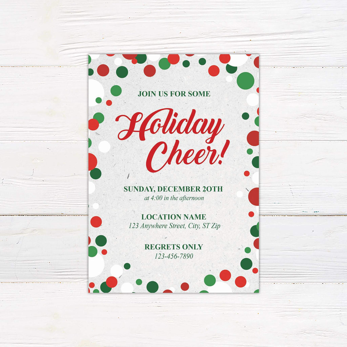 A festive holiday party invitation with red, green, and white confetti dots around the border. The text provides the event date, time, location, and RSVP details.