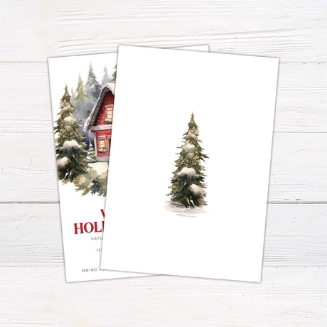 Watercolor holiday party invitation with a red cottage in snow, evergreen trees, and Santa outside; festive typography invites guests to a Christmas gathering. back side