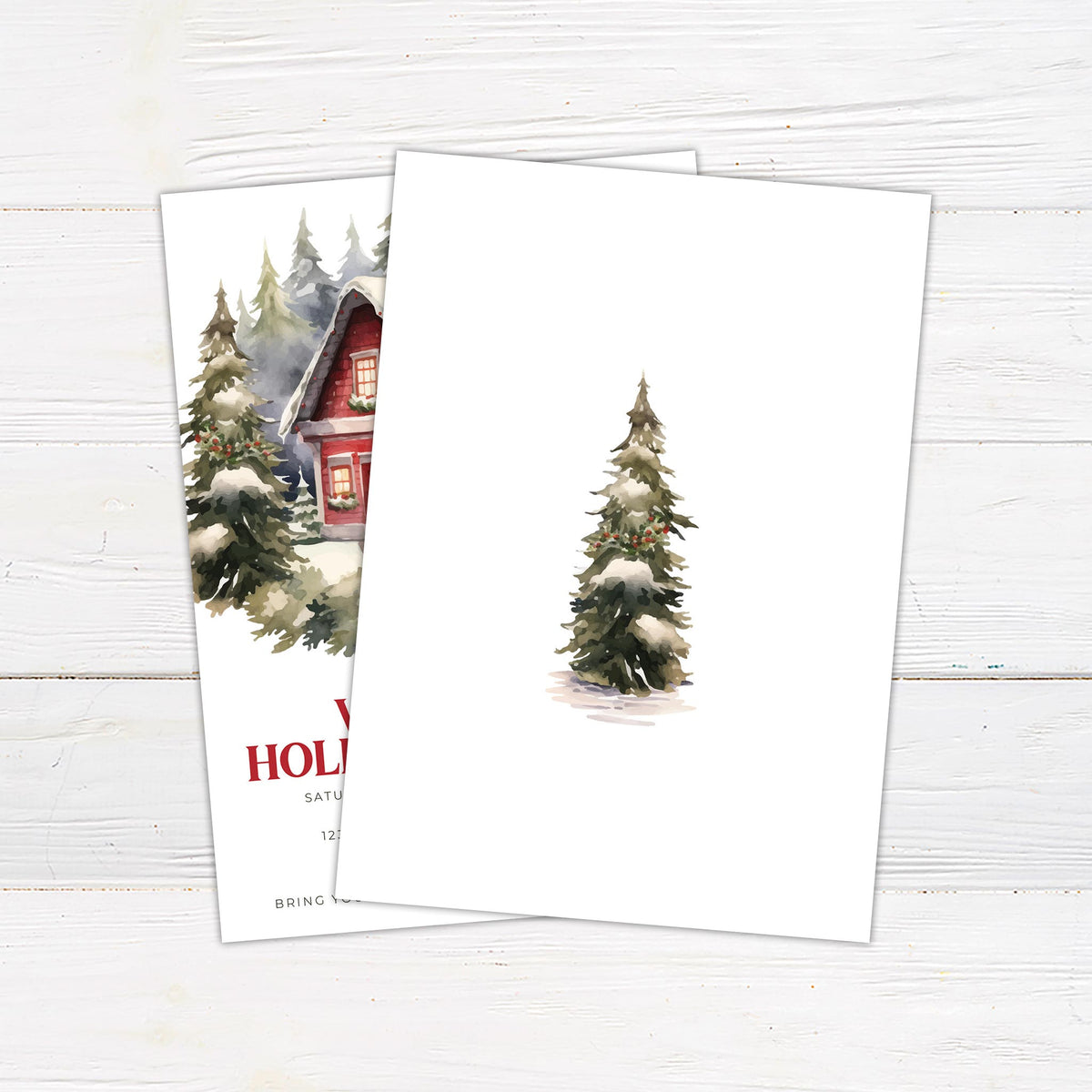 Holiday Gathering holiday party invitation with a red cottage in snow, evergreen trees, and Santa outside; festive typography invites guests to a Christmas gathering. - back.