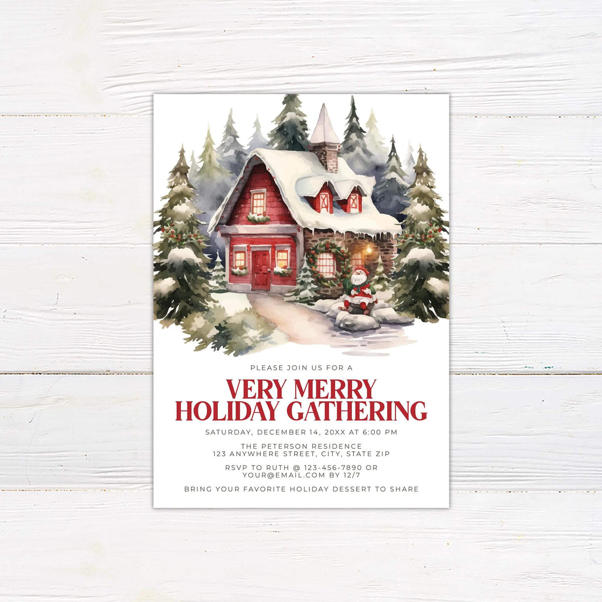 Watercolor holiday party invitation with a red cottage in snow, evergreen trees, and Santa outside; festive typography invites guests to a Christmas gathering.