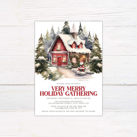 Watercolor holiday party invitation with a red cottage in snow, evergreen trees, and Santa outside; festive typography invites guests to a Christmas gathering.