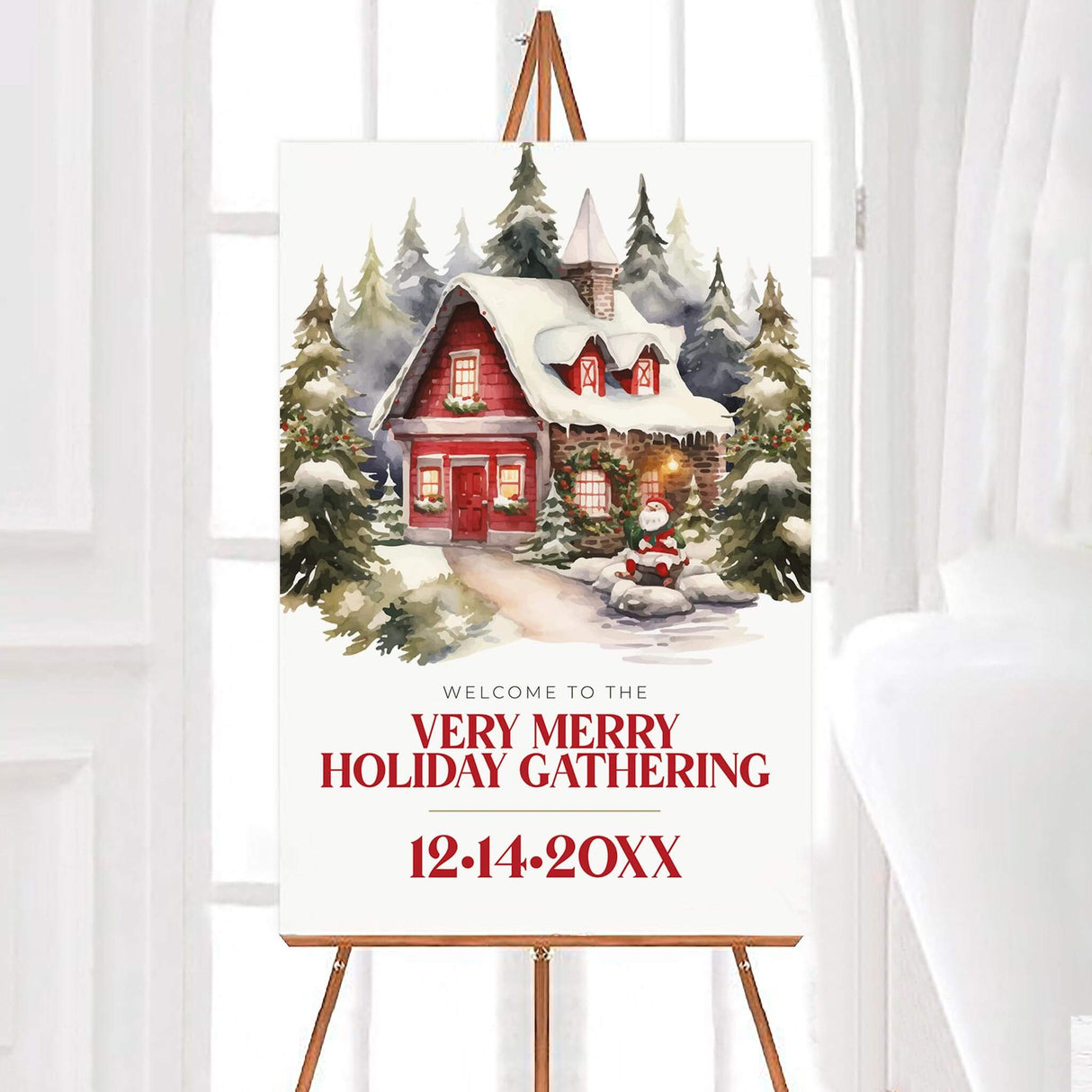 Watercolor holiday party invitation with a red cottage in snow, evergreen trees, and Santa outside; festive typography invites guests to a Christmas gathering. Welcomee Sign