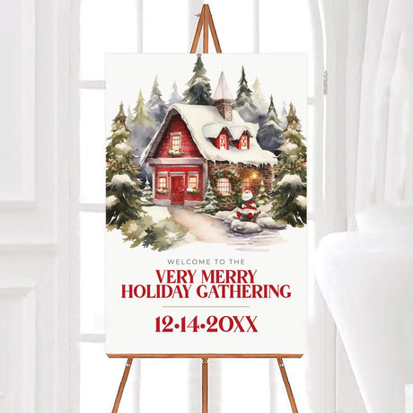 Watercolor holiday party invitation with a red cottage in snow, evergreen trees, and Santa outside; festive typography invites guests to a Christmas gathering. Welcomee Sign