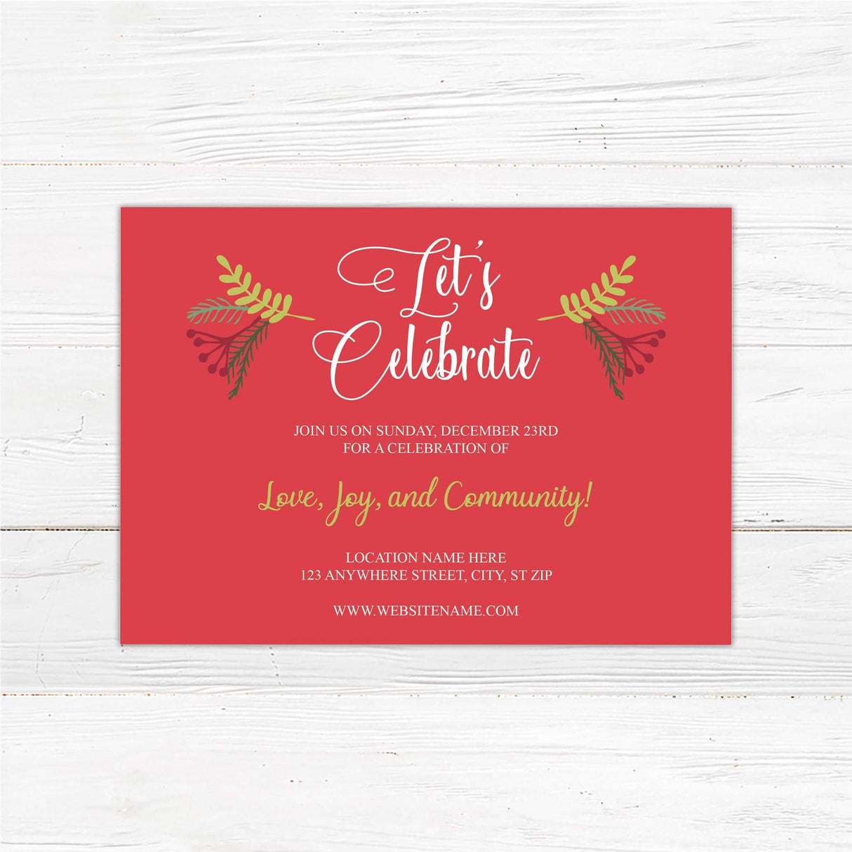 Red and gold Christmas party invitation with elegant holiday foliage and festive typography reading “Let’s Celebrate” for a holiday event or gathering
