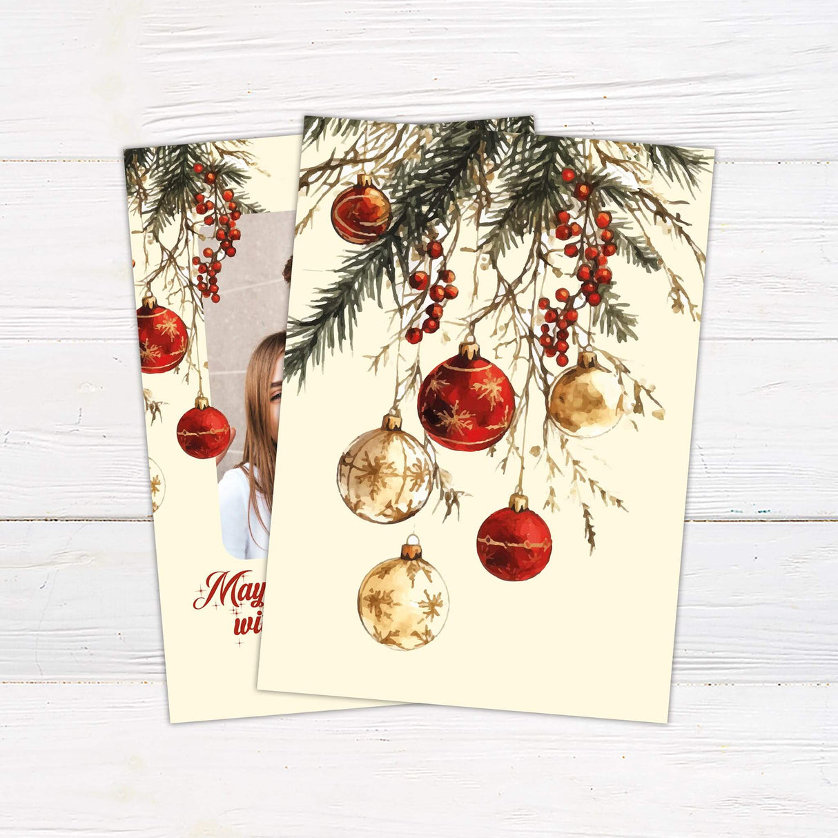 Christmas photo card with pine branches, red ornaments, and a festive family selfie, featuring the text “May your holidays sparkle with joy and laughter!”