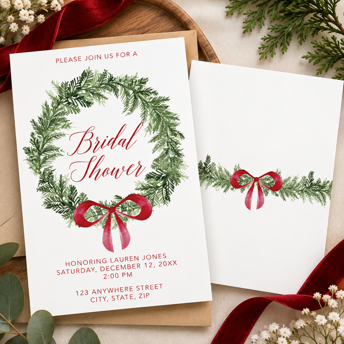 Evergreen Wreath Christmas Bridal Shower Invitation