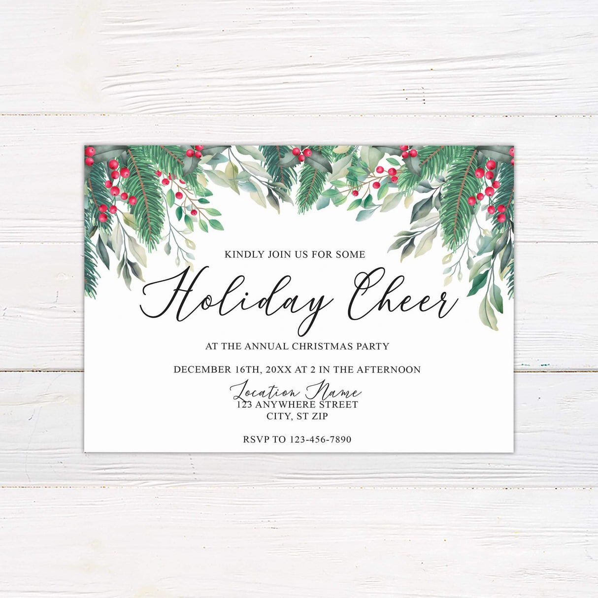 Elegant Christmas party invitation featuring watercolor holly leaves and red berries at the top. The text invites guests to a holiday celebration with a soft, wintery design and graceful script fonts.