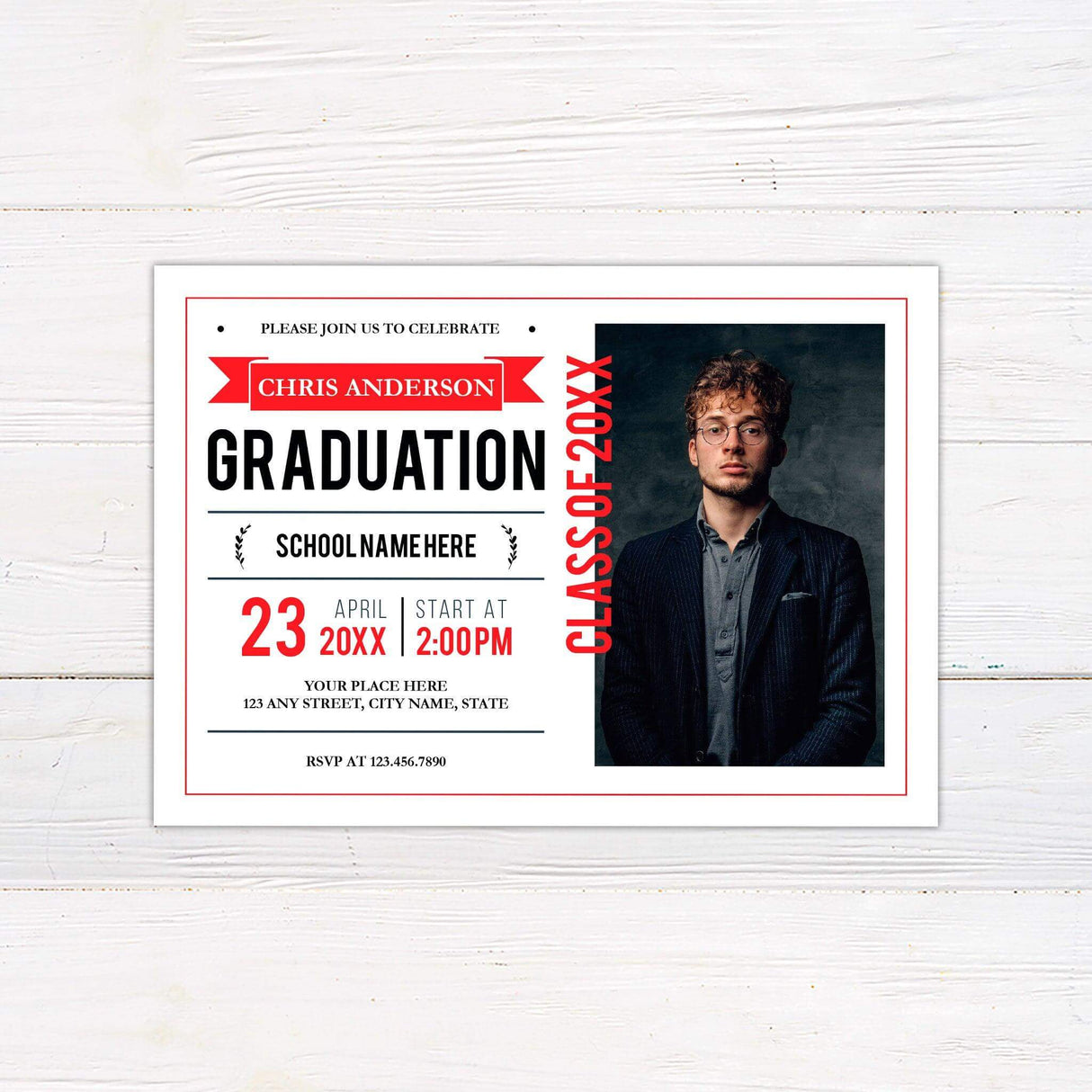 Graduation invitation with a bold and modern layout featuring customizable text, graduation details, and a dedicated space for a graduate photo. The design includes a mix of typography elements and a structured layout with "Class of 20XX" highlighted. Red.