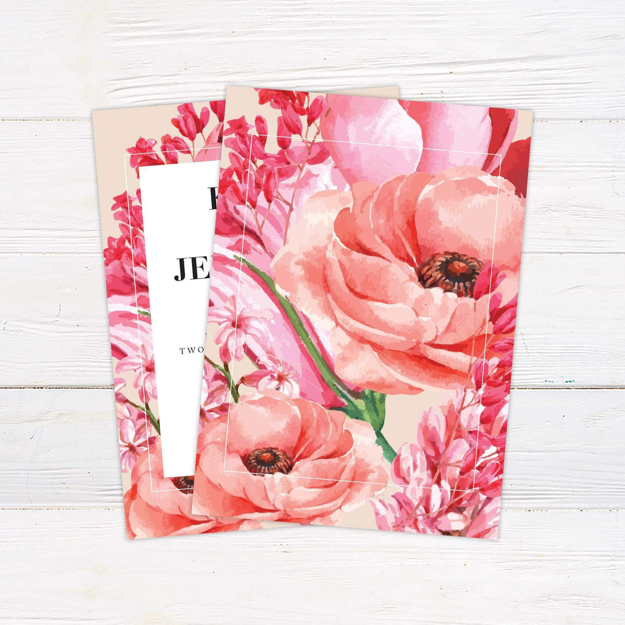 Hot pink floral wedding invitation featuring bold watercolor peonies and hydrangeas with modern serif and script fonts on a minimalist white center panel. back