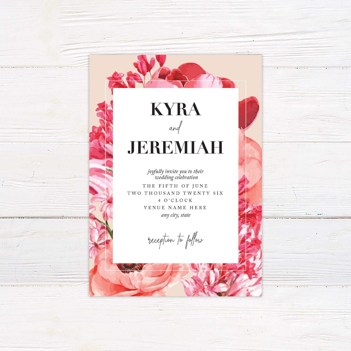 Hot pink floral wedding invitation featuring bold watercolor peonies and hydrangeas with modern serif and script fonts on a minimalist white center panel.