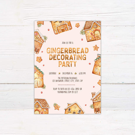 Whimsical gingerbread house decorating party invitation featuring watercolor cookies, festive stars, candy accents, and playful holiday typography on a cream background.