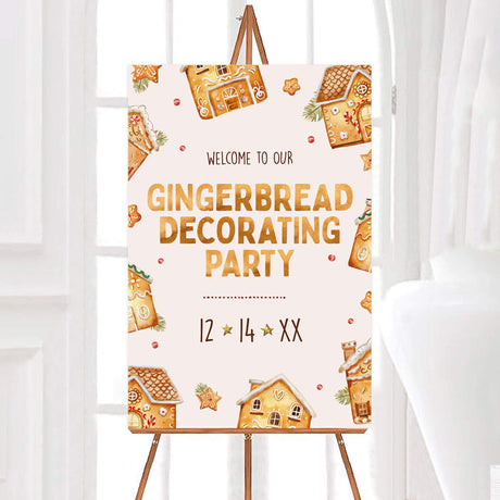 Whimsical gingerbread house decorating party invitation featuring watercolor cookies, festive stars, candy accents, and playful holiday typography on a cream background. welcome sign