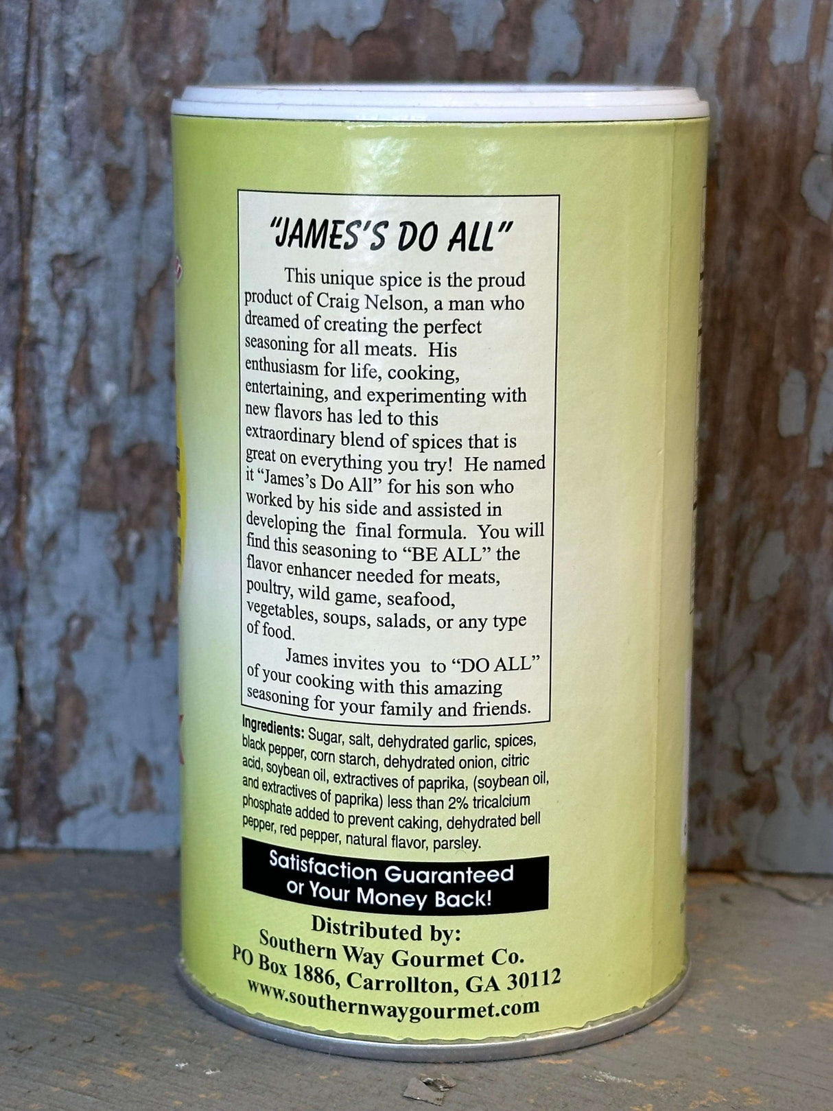 Southern Way 'James Do All' 7oz gourmet seasoning canister, ideal for enhancing meat flavor and cooking versatility.