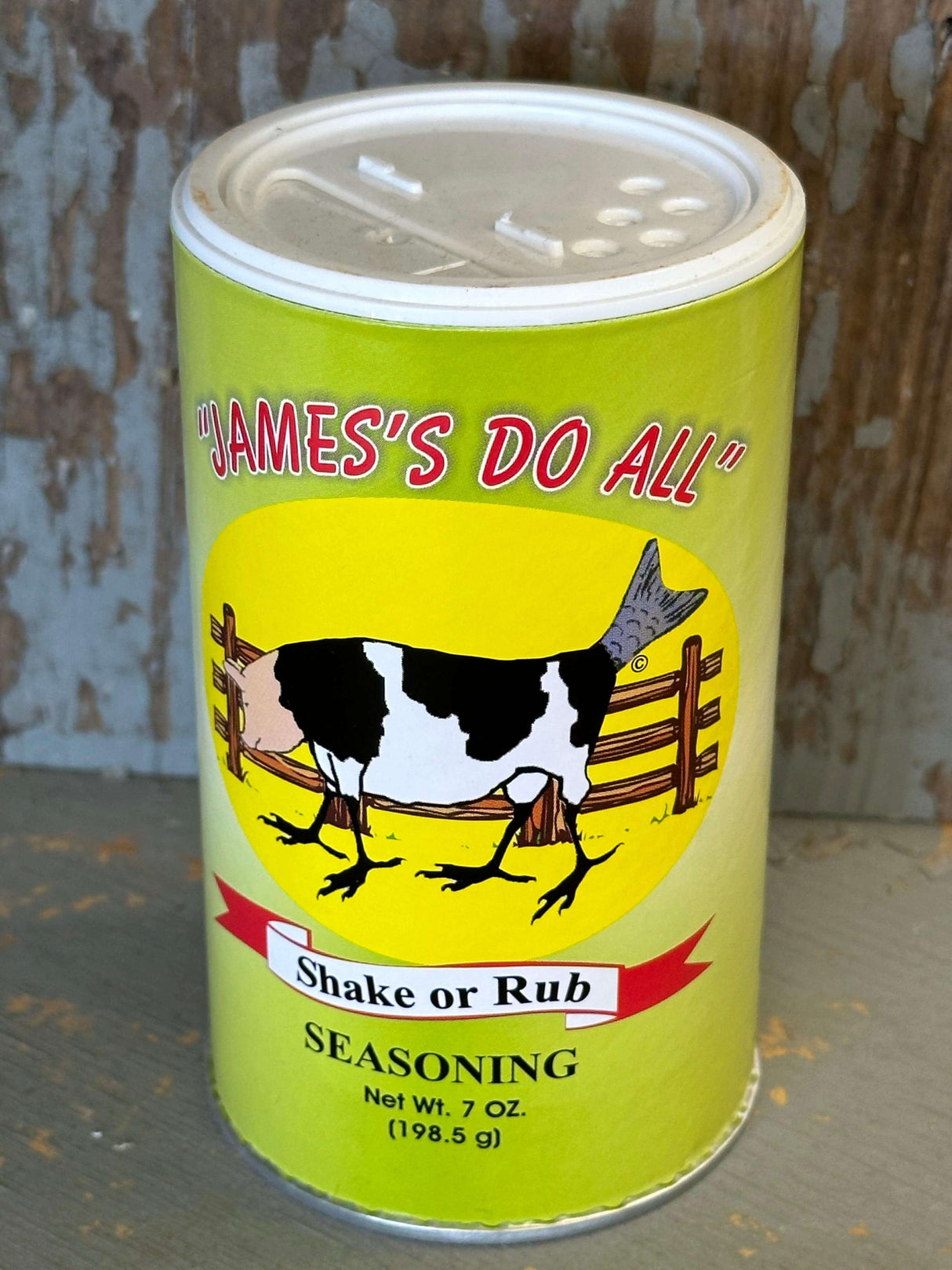 James Do All 7oz seasoning canister, perfect for all meats, featuring Southern Way Gourmet blend on rustic wood background.