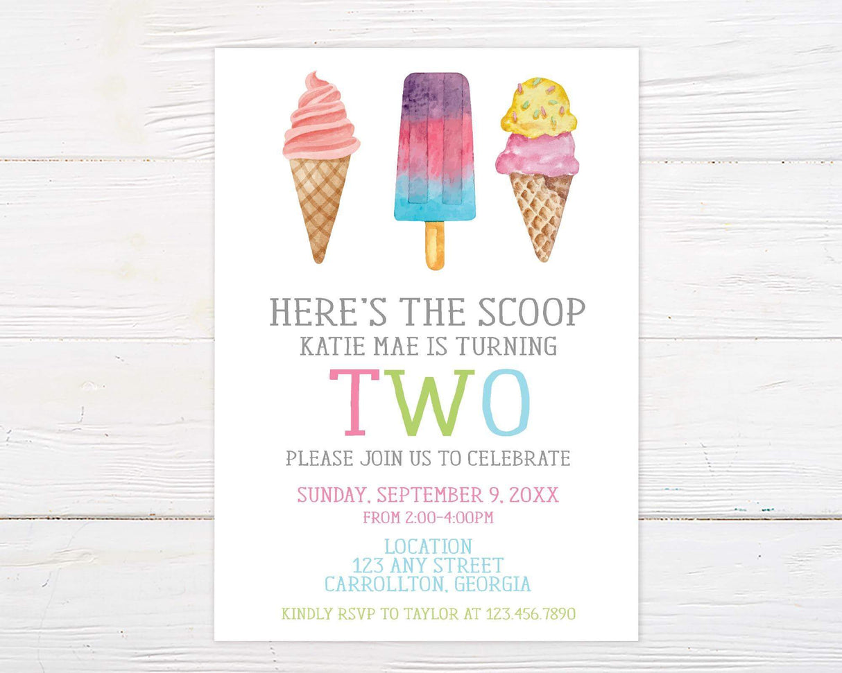 Ice cream-themed birthday invitation featuring watercolor illustrations of ice cream cones and a popsicle. Soft pastel colors with playful typography announcing a second birthday celebration. Printed on high-quality cardstock for a sweet and fun party invite.