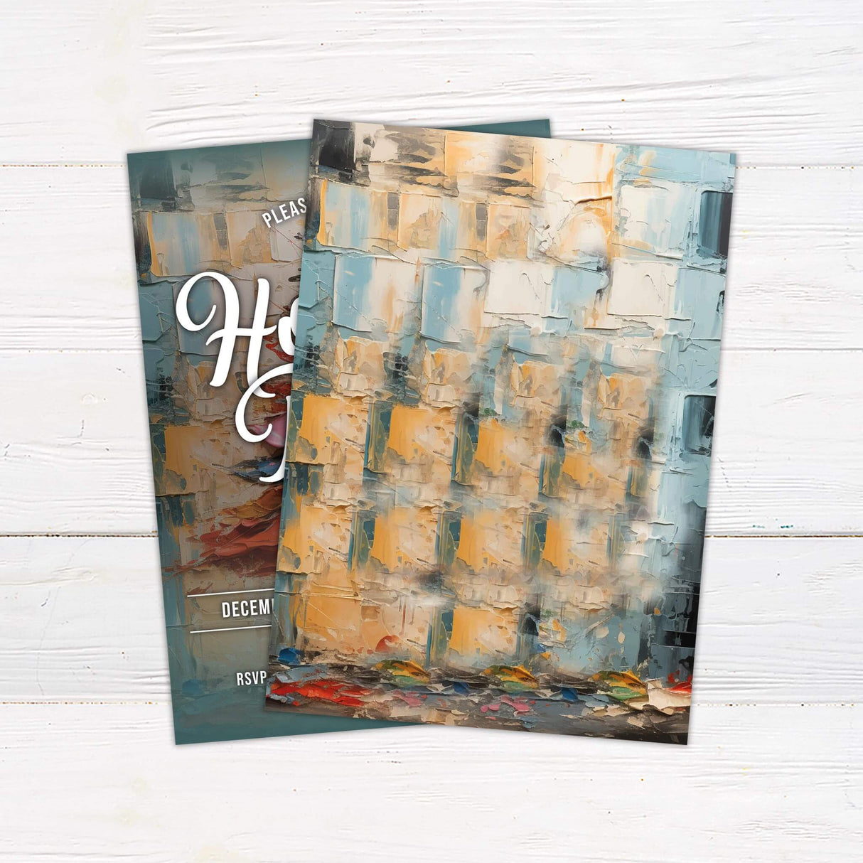 A holiday party invitation with bold script text over a colorful painted background. The design highlights the event details in a modern and festive style. - back side.