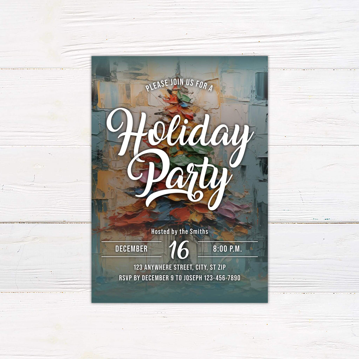 A holiday party invitation with bold script text over a colorful painted background. The design highlights the event details in a modern and festive style.
