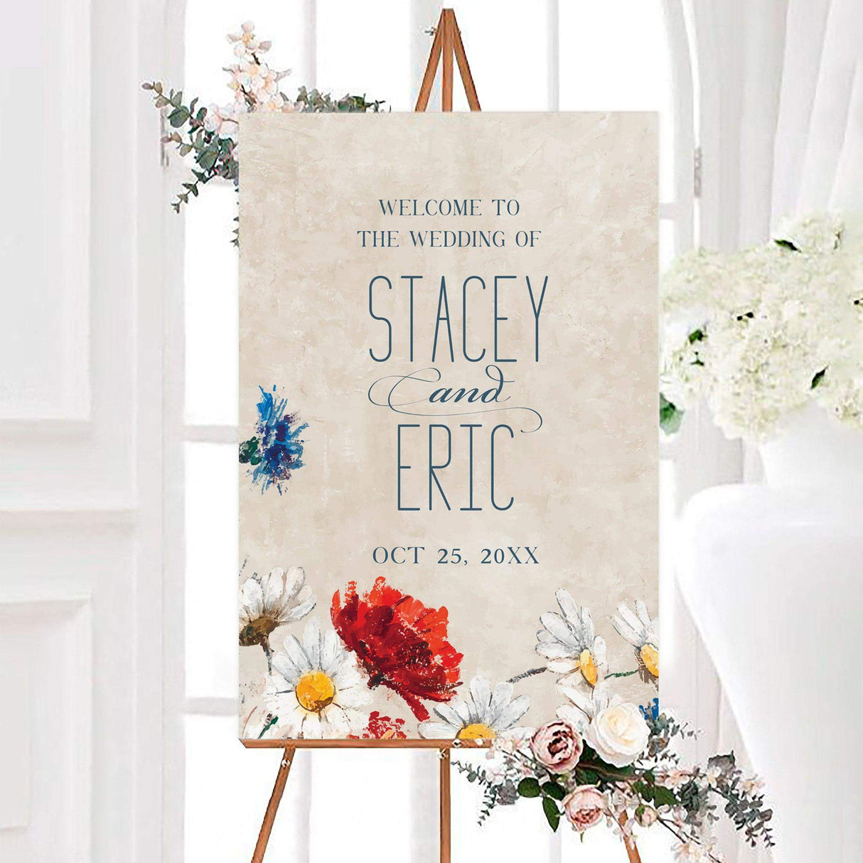 Impressionist wedding welcome sign featuring impressionist-style daisies, colorful wildflowers, and personalized wedding details. The artistic floral design has a soft textured background with elegant blue typography.