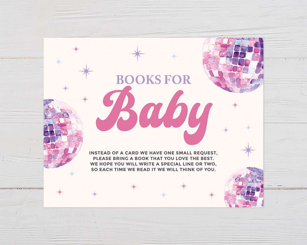 Baby shower invitation with 'Books for Baby' theme and pastel disco ball design.