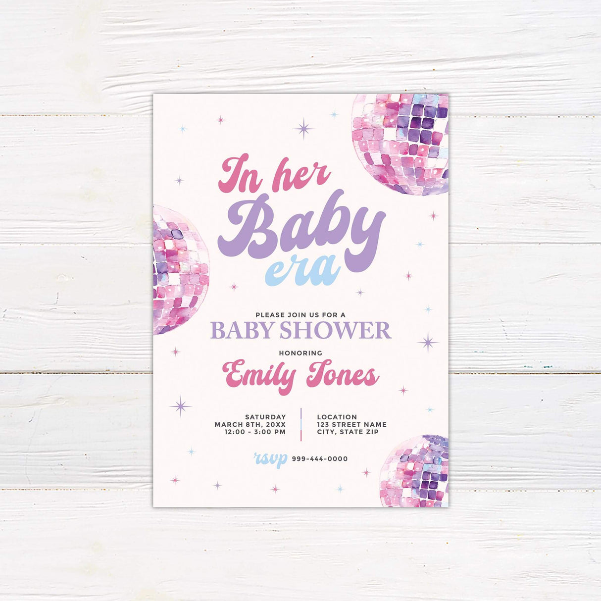 In Her Baby Era baby shower invitation with pastel disco balls and event details in soft colors