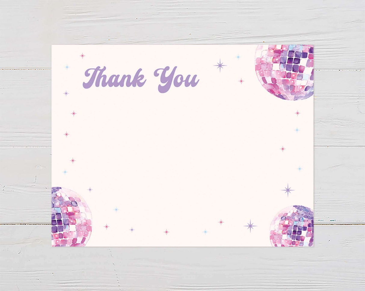 Thank you card with purple disco balls and stars, perfect for baby shower or special events.