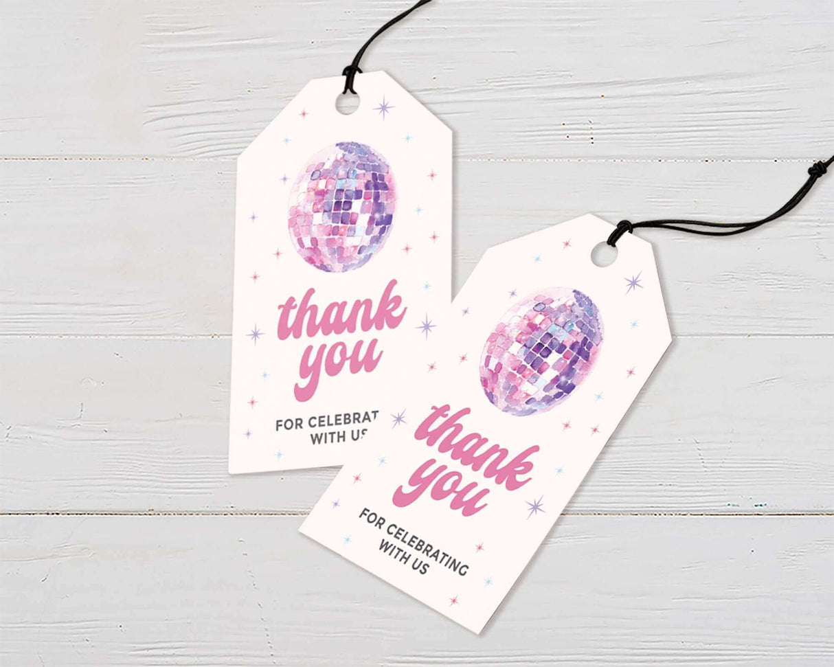 Thank you tags with pastel disco ball design for baby shower celebration.