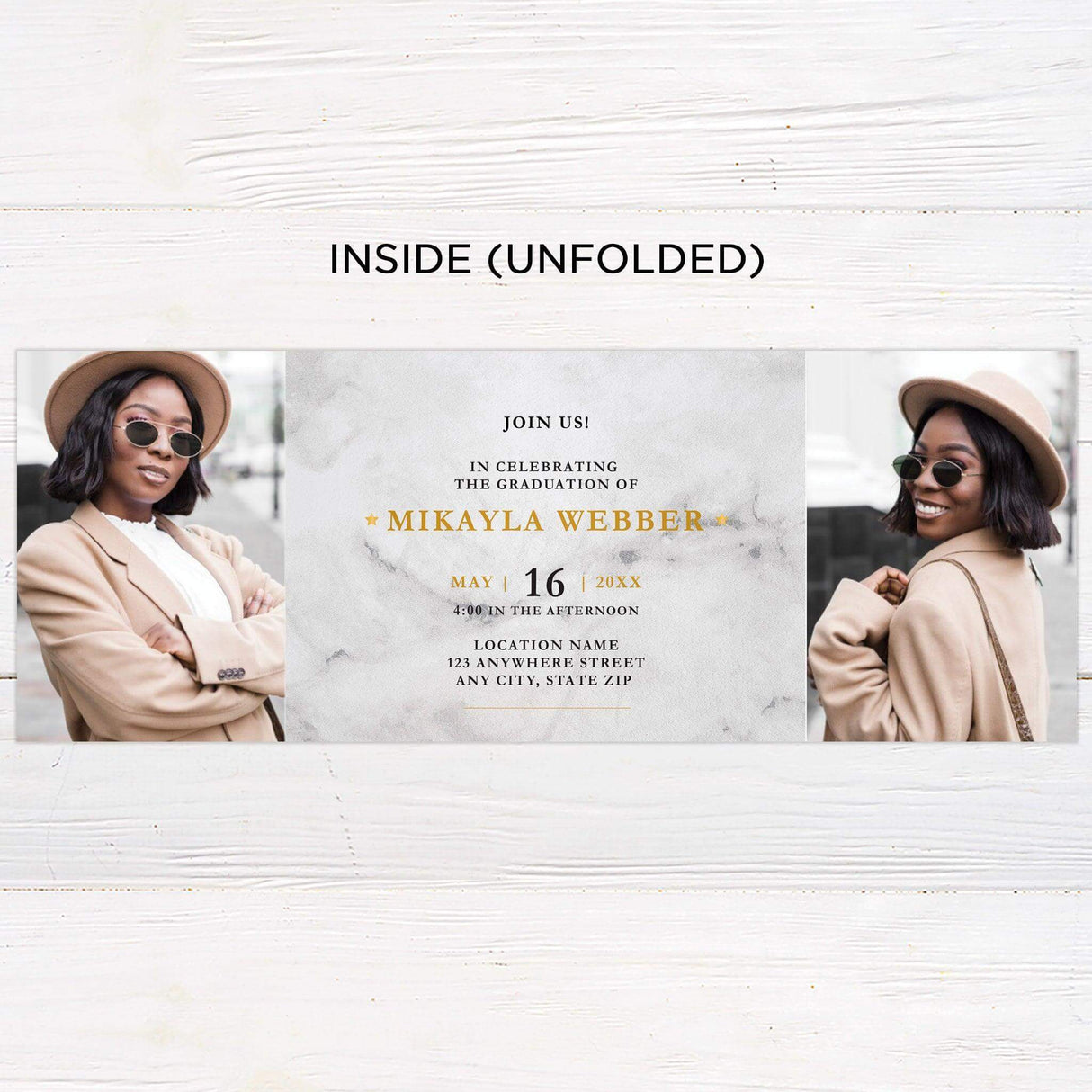 Custom gatefold graduation invitation with a marble design, four photos, customizable colors, and a modern fold-out layout. Personalized grad announcement card. Inside Unfolded.