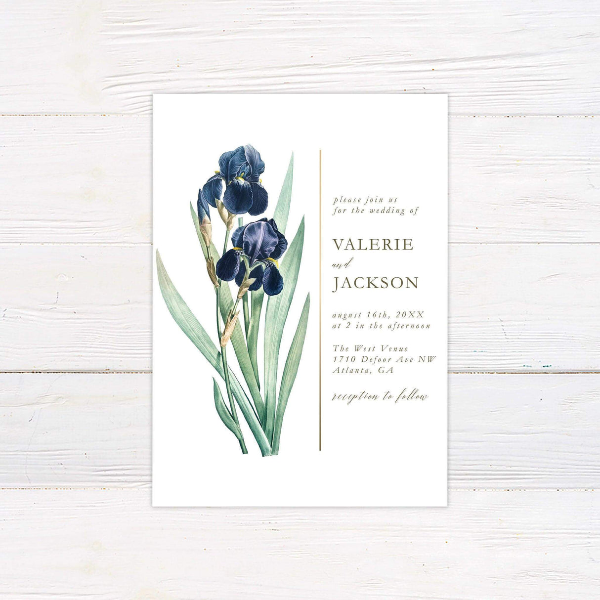 Vintage wedding invitation with watercolor iris flowers, elegant serif and script typography, and customizable wedding event details