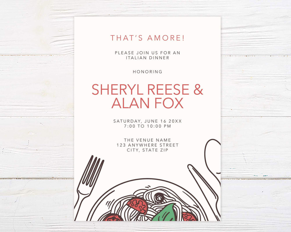 Table Setting with pasta, tomatoes and fresh herbs. Words that's Amore!